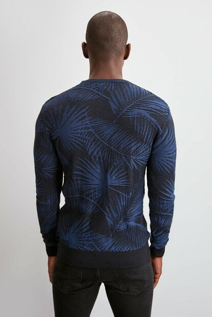 Men's Patterned Crew Neck Indigo Sweater