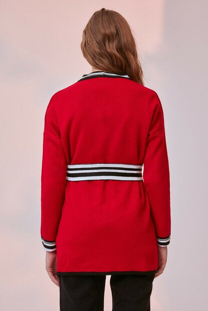 Women's Belted Red Tricot Cardigan