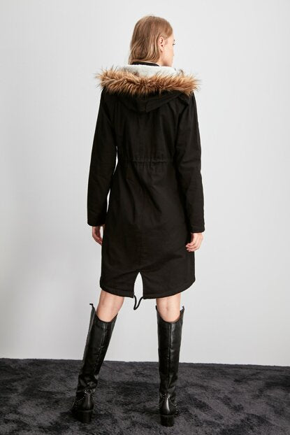 Women's Hooded Inner Furry Black Coat