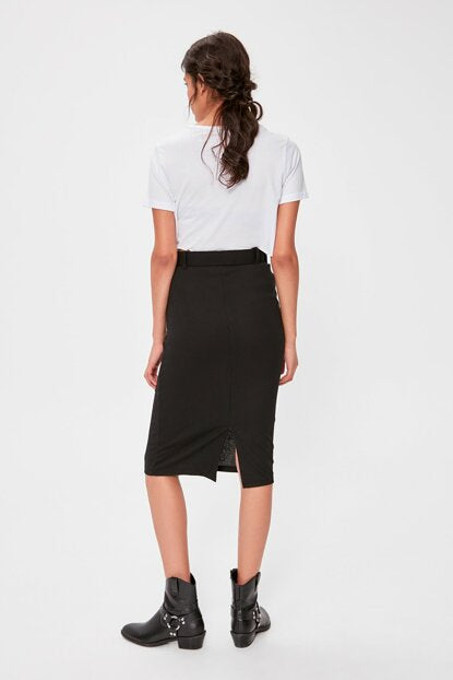 Women's Belted Black Rib Skirt