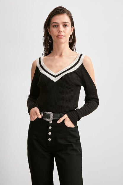 Women's Collar Detail Cut Out Shoulder Black Tricot Sweater