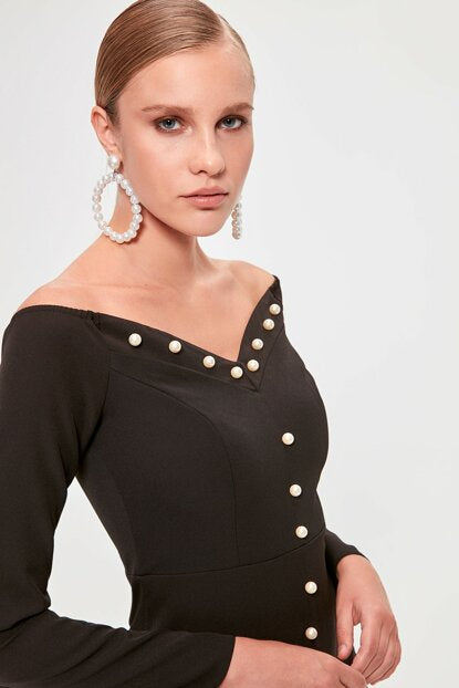 Women's Pearl Button Black Short Dress