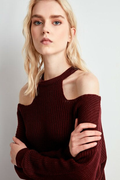 Women's Open Shoulders Claret Red Tricot Sweater
