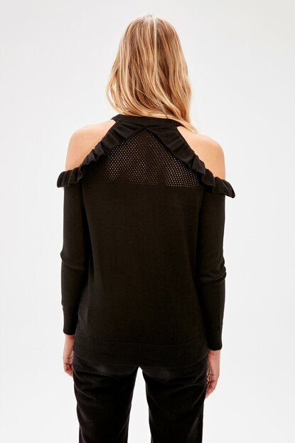 Women's Cut Out Shoulders Black Tricot Sweater