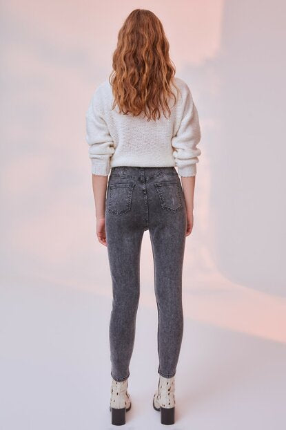 Women's Button Super High Waist Anthracite Skinny Jeans