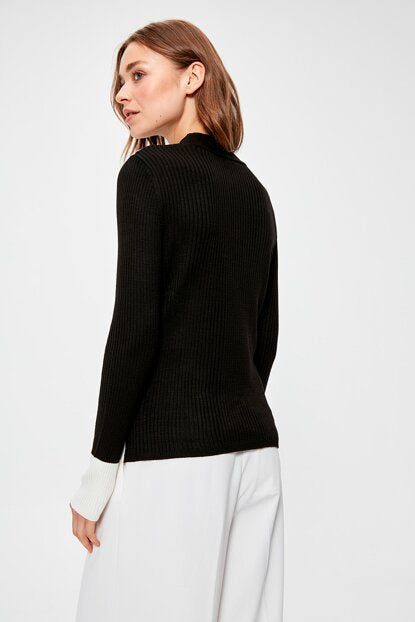 Women's Stripe Detail Black Tricot Sweater