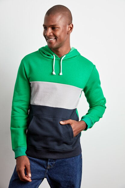 Men's Hooded Kangaroo Pocket Color Block Sweatshirt