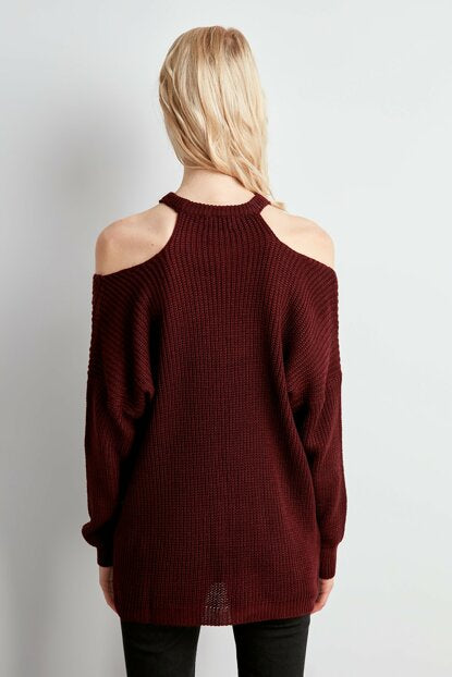 Women's Open Shoulders Claret Red Tricot Sweater