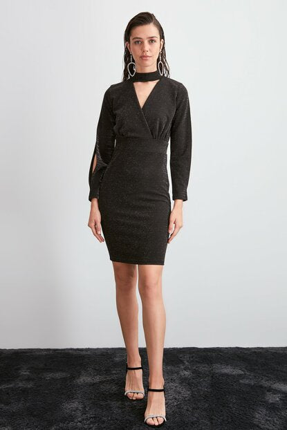 Women's Choker Collar Black Short Dress