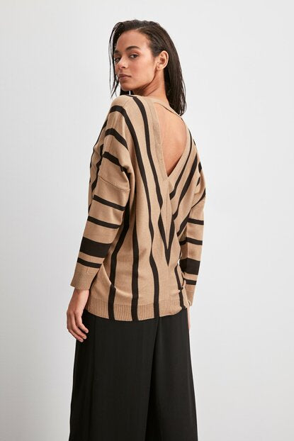 Women's Striped Camel Tricot Sweater