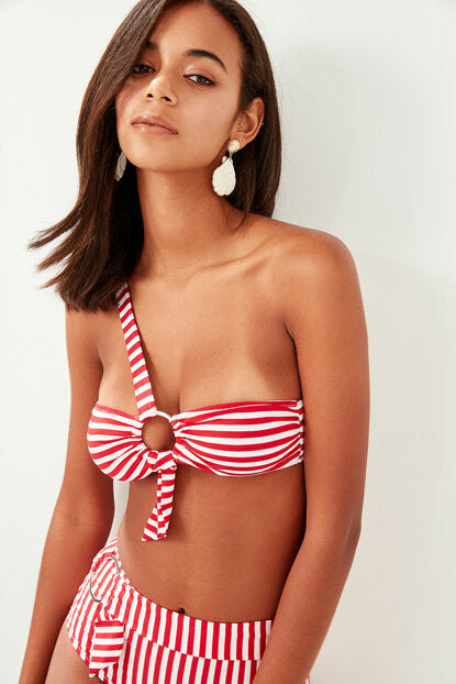 Women's Metal Accessory Detail Red Striped Bikini Top