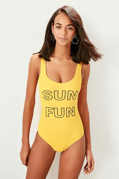 Women's Slogan Print Yellow Swimsuit