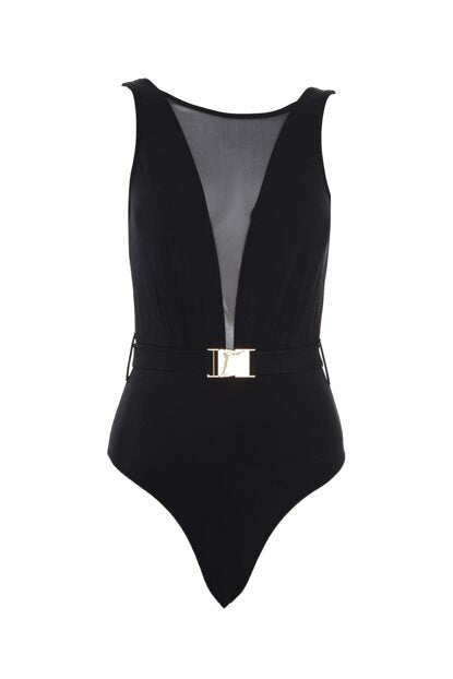 Women's Metal Belted Black Swimsuit
