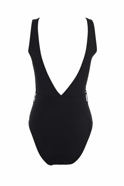 Women's Metal Belted Black Swimsuit