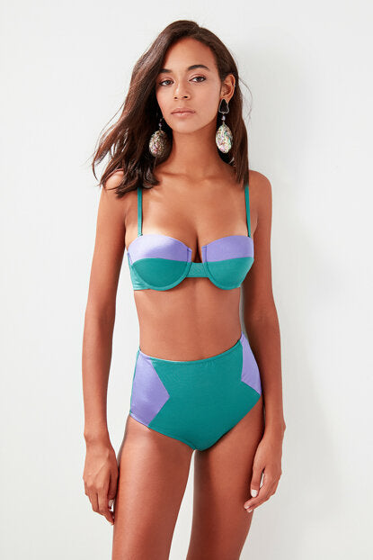 Women's High Waist Green Purple Color Block Bikini Briefs