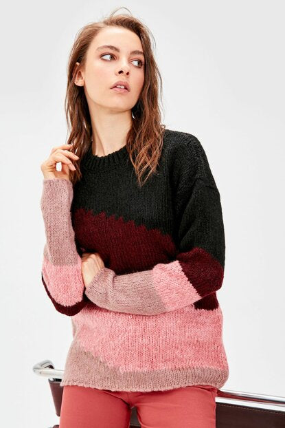 Women's Pink Color Block Tricot Sweater