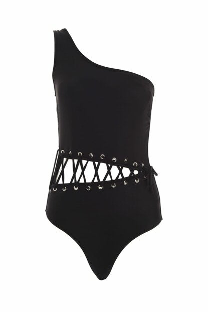 Women's Single Shoulder Eyelet Accessory Black Swimwear