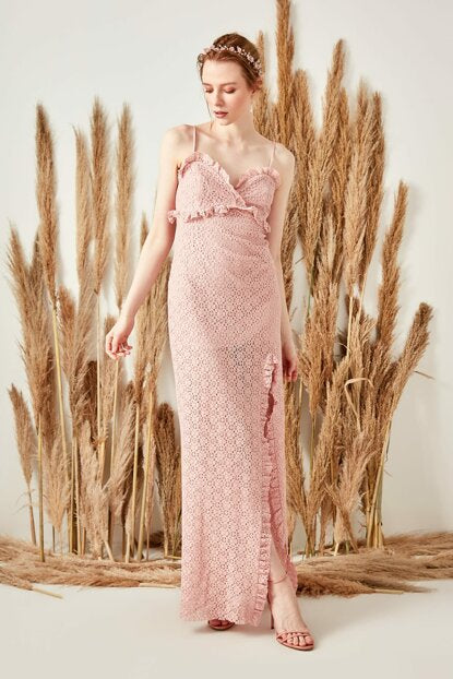Women's Lace Detail Pink Evening Dress