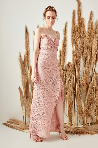 Women's Lace Detail Pink Evening Dress
