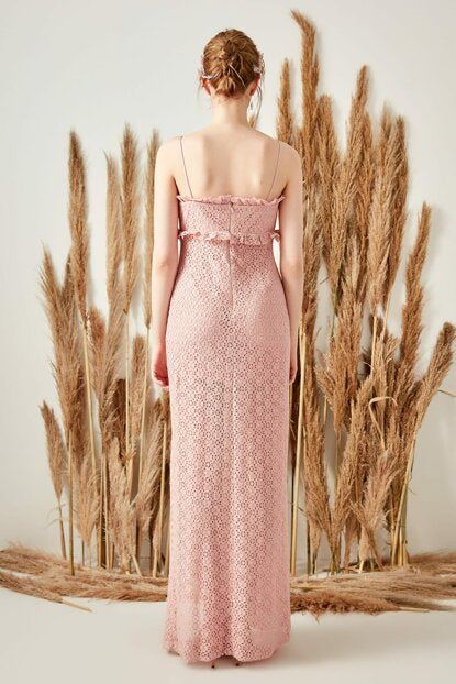 Women's Lace Detail Pink Evening Dress