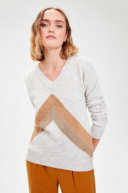 Women's Glitter Stripe Detail Ecru Tricot Sweater