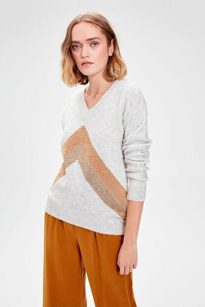 Women's Glitter Stripe Detail Ecru Tricot Sweater