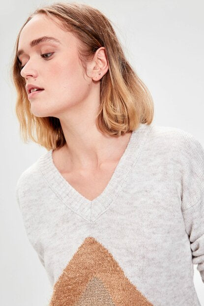 Women's Glitter Stripe Detail Ecru Tricot Sweater