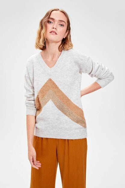 Women's Glitter Stripe Detail Ecru Tricot Sweater