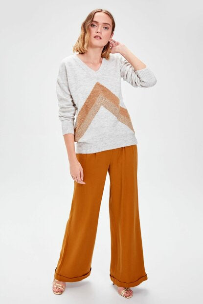 Women's Glitter Stripe Detail Ecru Tricot Sweater