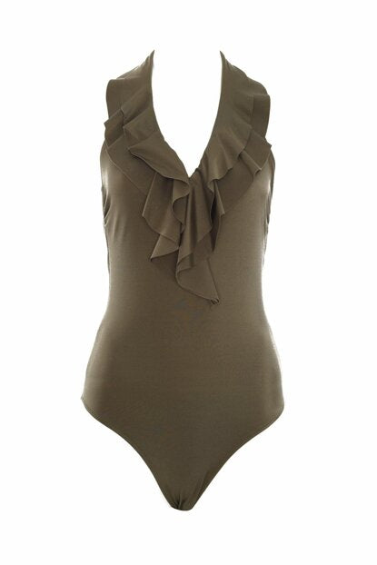 Women's Ruffle Tie Neck Khaki Swimwear
