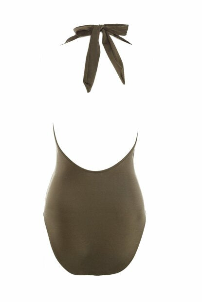 Women's Ruffle Tie Neck Khaki Swimwear