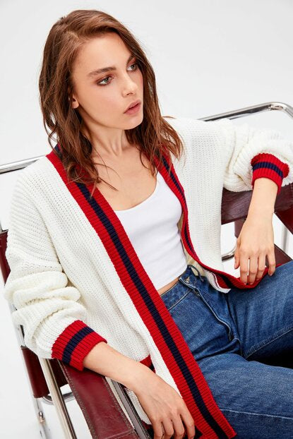 Women's Pocket Stripe Detail Ecru Tricot Cardigan