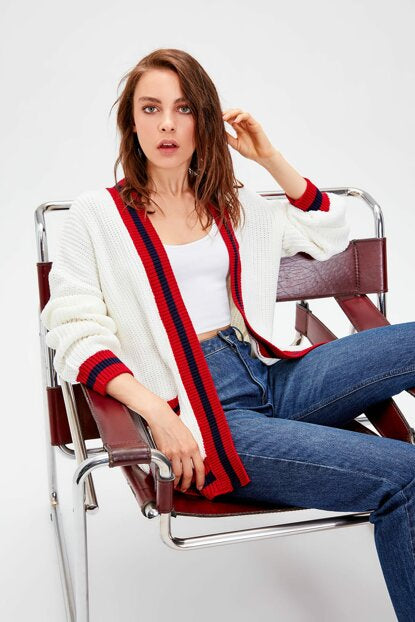 Women's Pocket Stripe Detail Ecru Tricot Cardigan