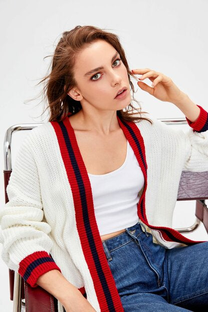 Women's Pocket Stripe Detail Ecru Tricot Cardigan