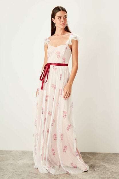 Women's Floral Pattern Tulle Evening Dress