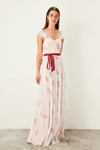 Women's Floral Pattern Tulle Evening Dress