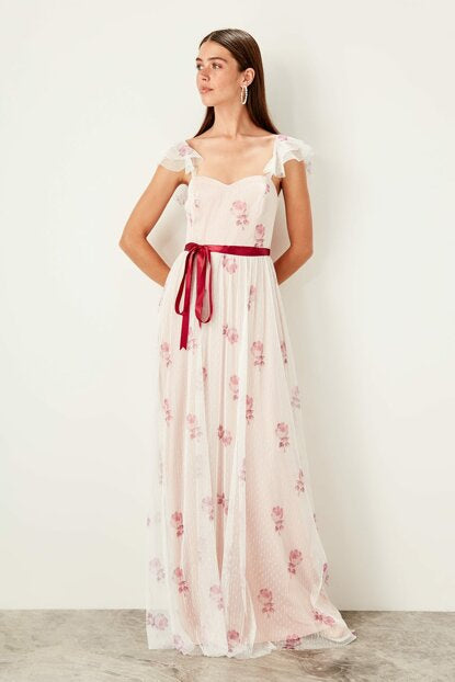 Women's Floral Pattern Tulle Evening Dress