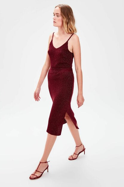 Women's Glitter Claret Red Tricot Skirt