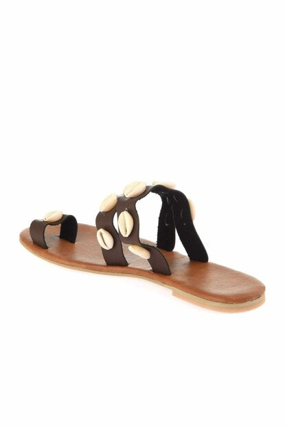 Women's Sea Shell Detail Brown Slippers