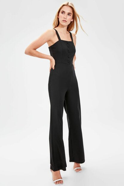Women's Button Black Overall
