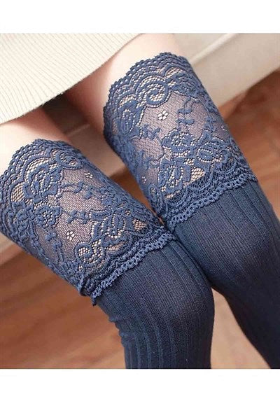 Women's Scented Lace Detail Navy Blue Long Garter Socks