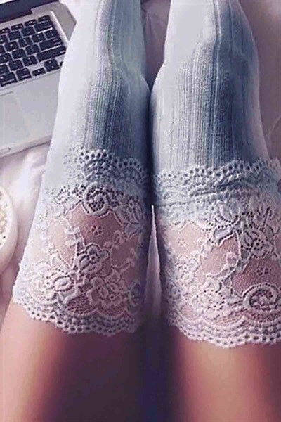 Women's Lace Detail Scented Grey Long Garter Socks