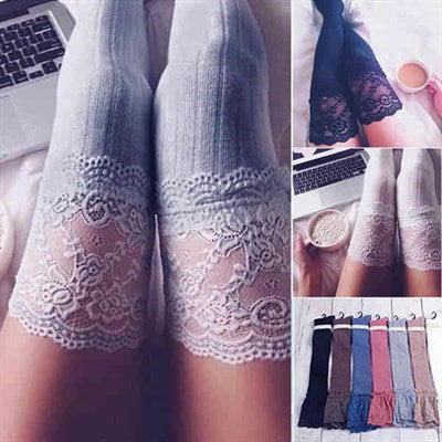 Women's Lace Detail Scented Grey Long Garter Socks