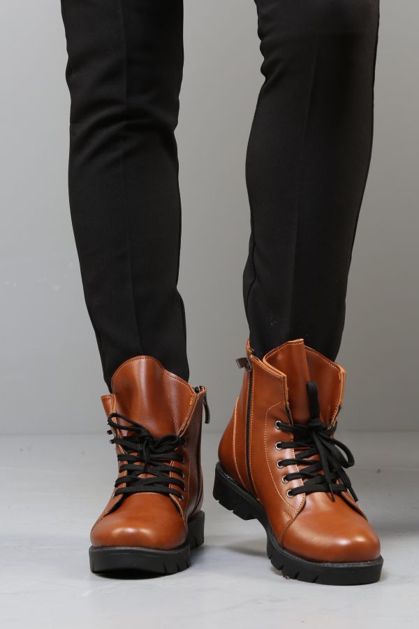 Women's Lace-up Detail Zipped Leather Boots