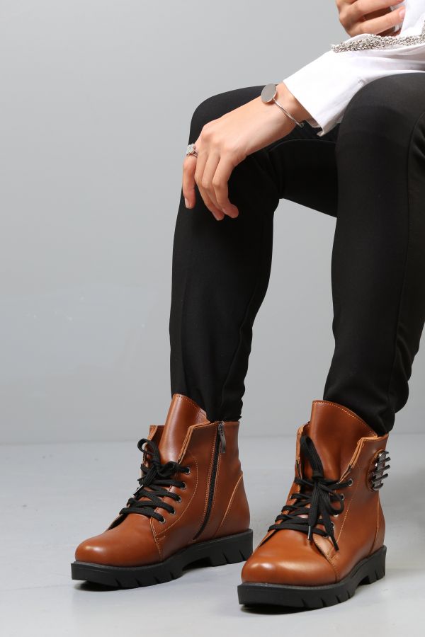 Women's Lace-up Detail Zipped Leather Boots