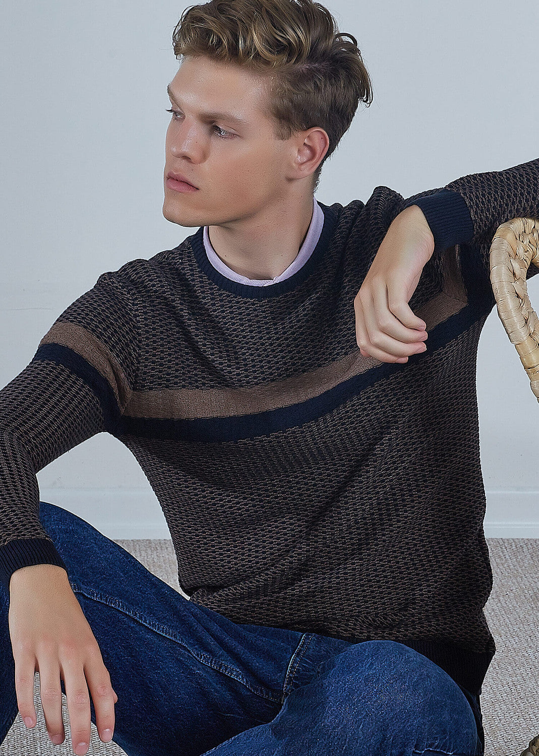 Men's Crew Neck Striped Mink Sweater