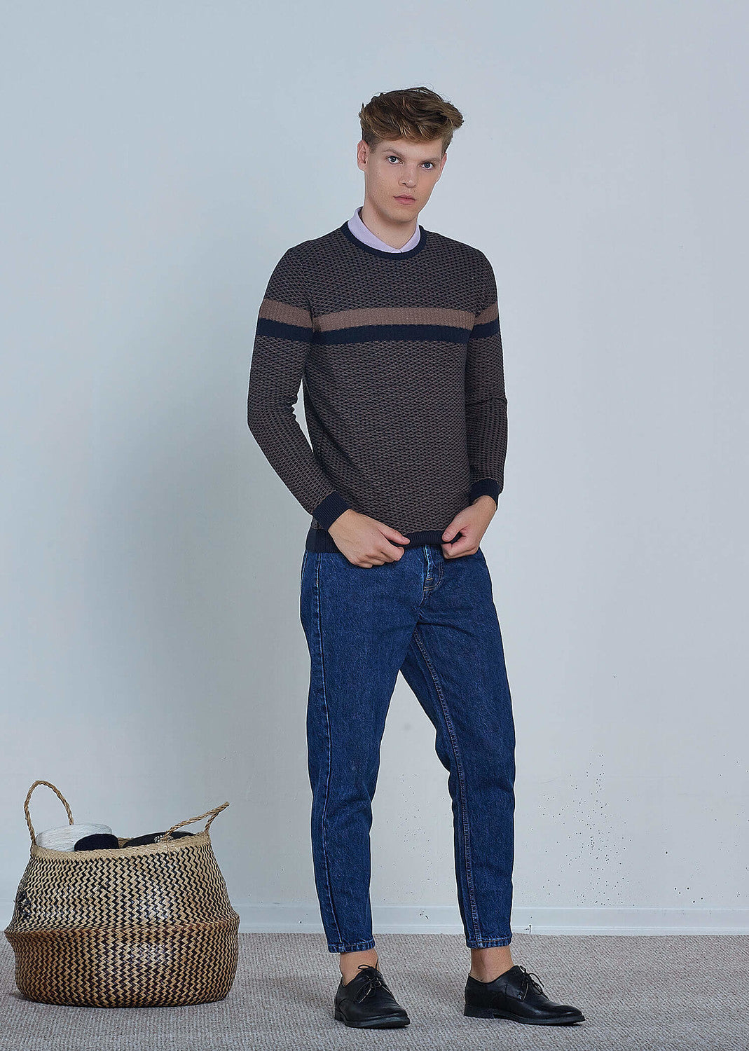 Men's Crew Neck Striped Mink Sweater