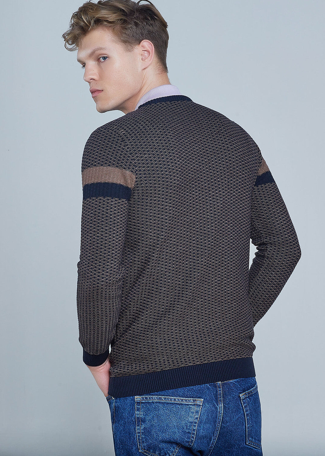 Men's Crew Neck Striped Mink Sweater