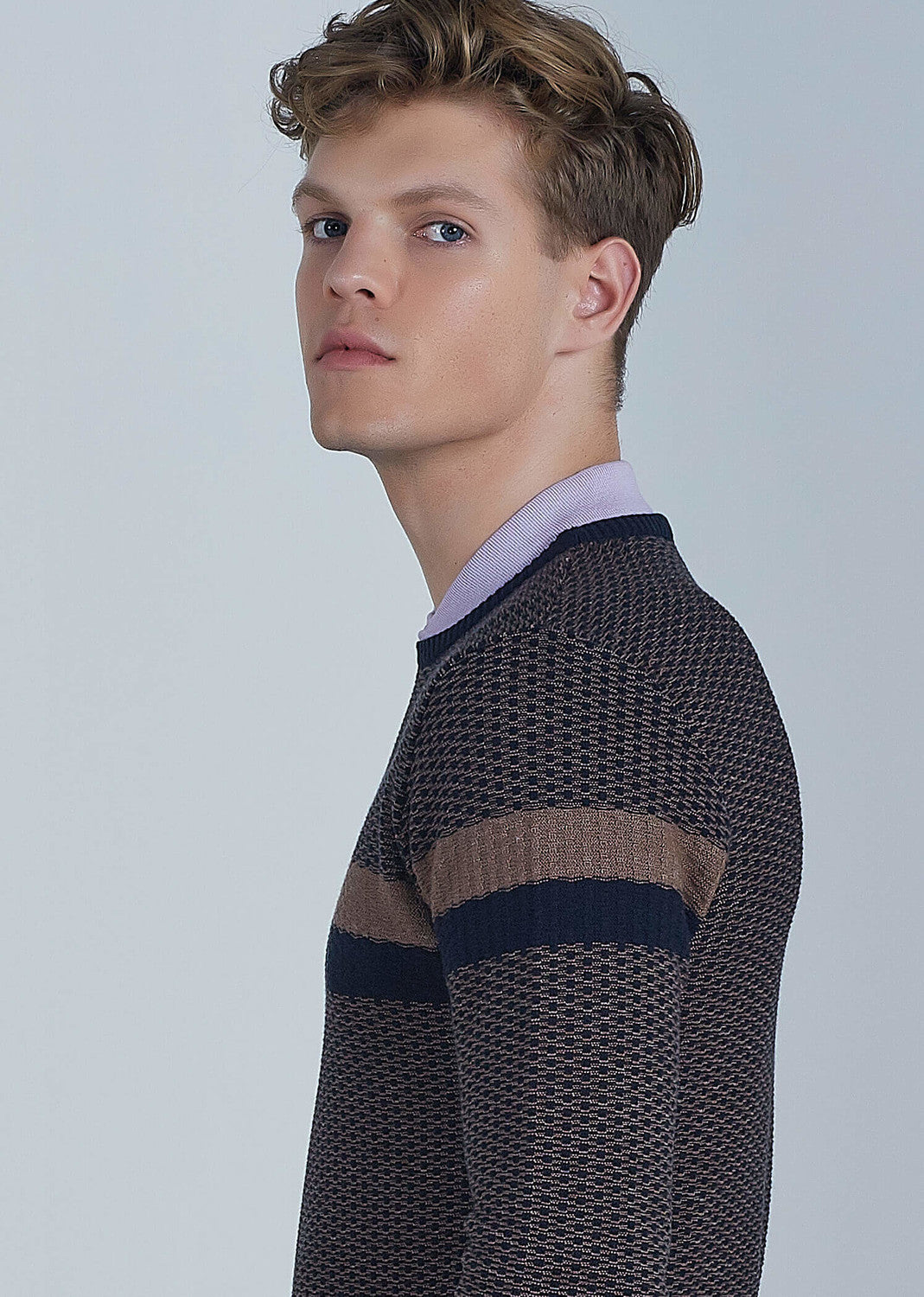 Men's Crew Neck Striped Mink Sweater