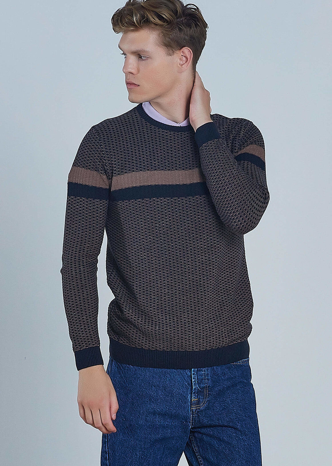 Men's Crew Neck Striped Mink Sweater